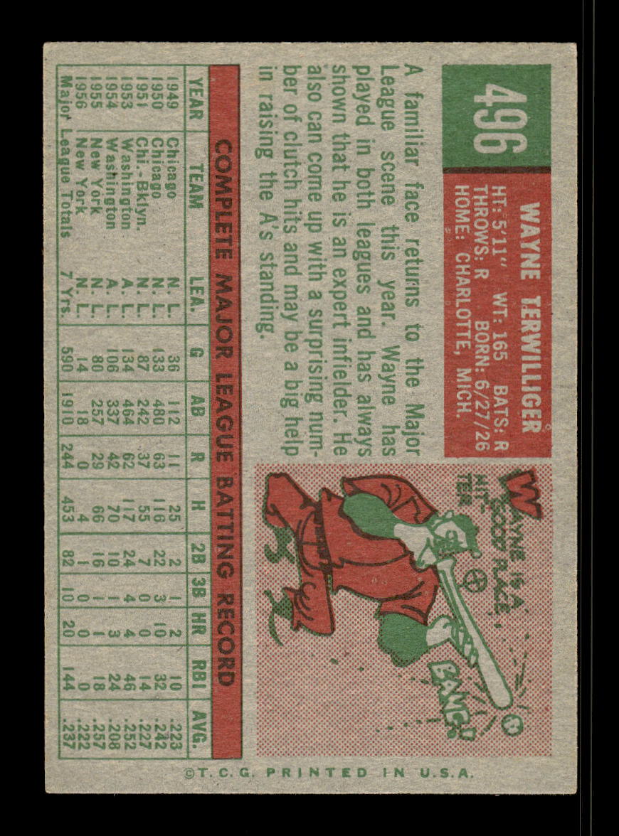 1959 Topps #496 Wayne Terwilliger Kansas City Athletics EX 10012102