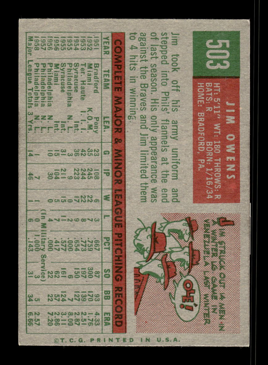 1959 Topps #503 Jim Owens Philadelphia Phillies EX 10012107