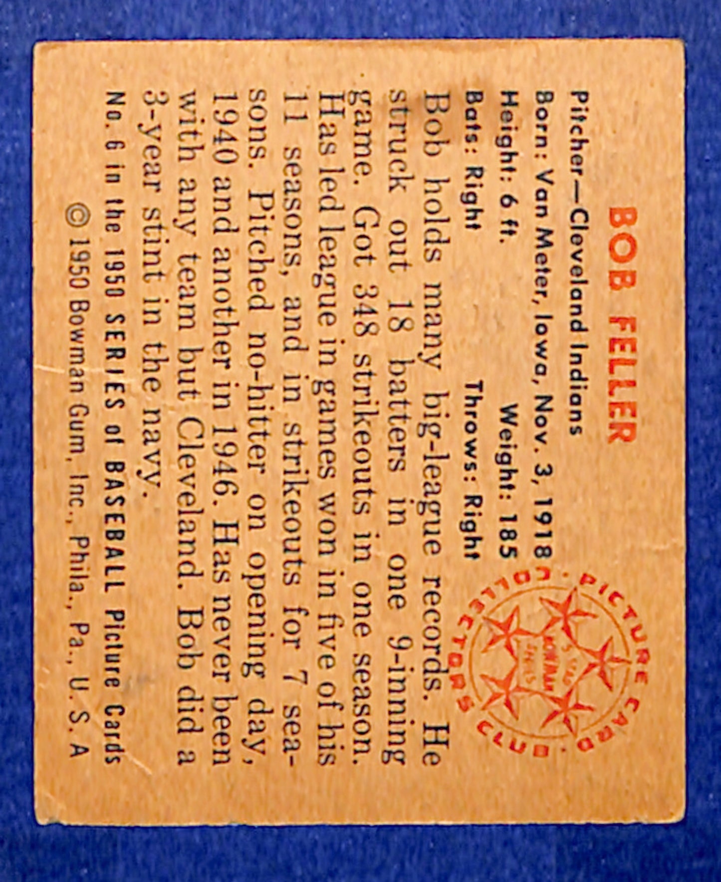 1950 Bowman #6 Bob Feller Cleveland Indians G/VG 10012126