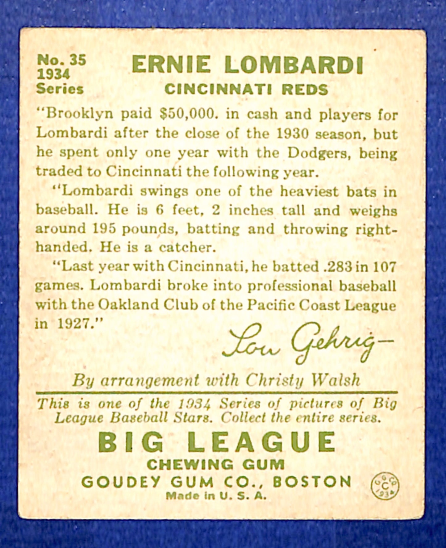 1934 Goudey (R320) #35 Ernie Lombardi NO CREASES EX 10012130