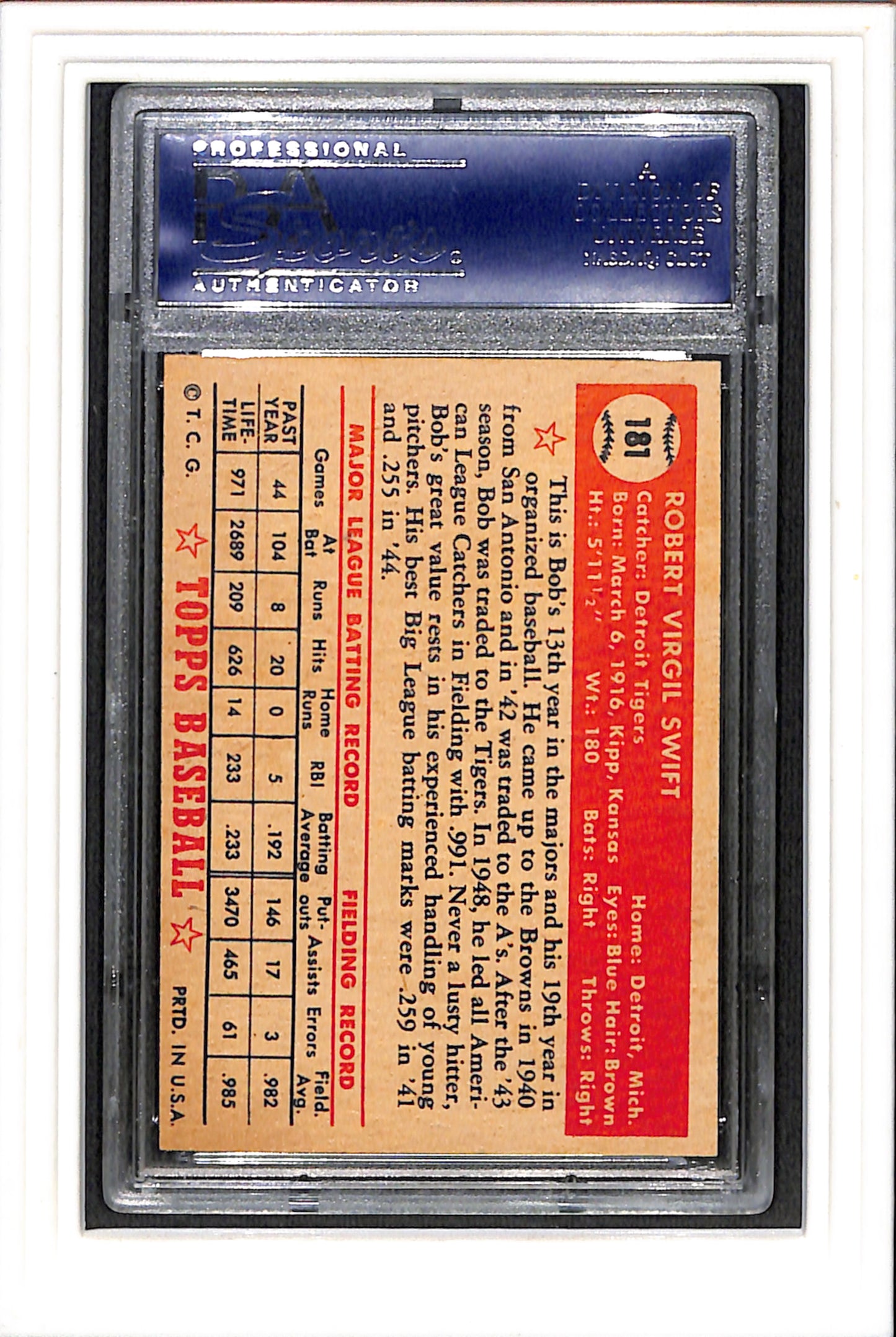 1952 Topps #181 Bob Swift PSA 7 SN 10313484