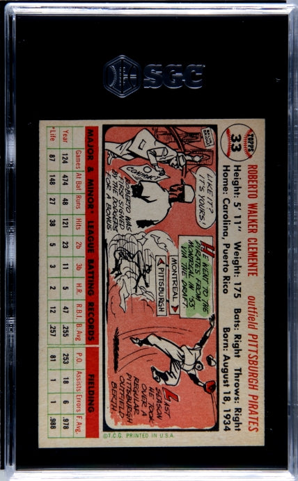 1956 Topps #33 Roberto Clemente White Back SGC 5 SN 8288564