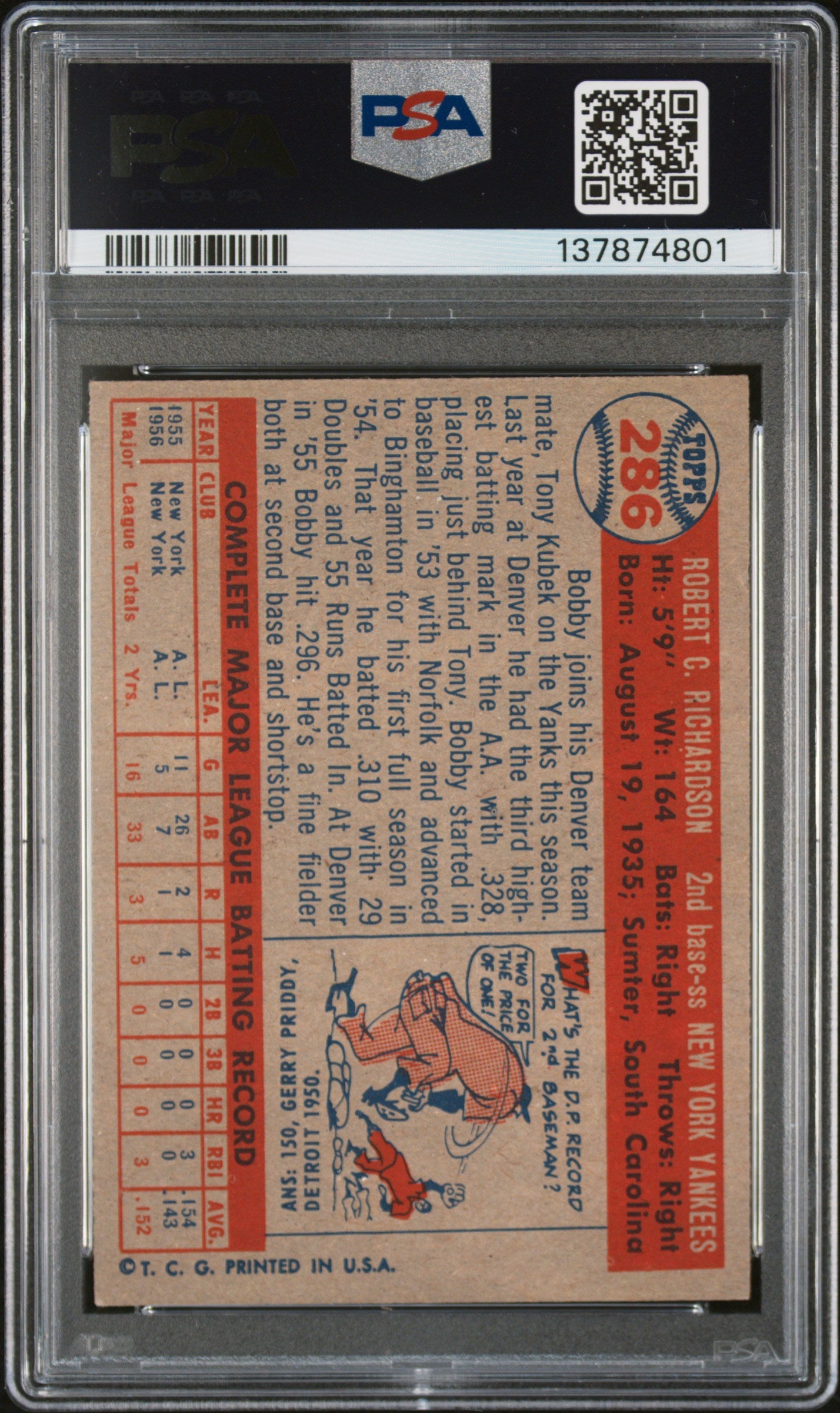 1957 Topps #286 Bobby Richardson PSA 4 SN 137874801