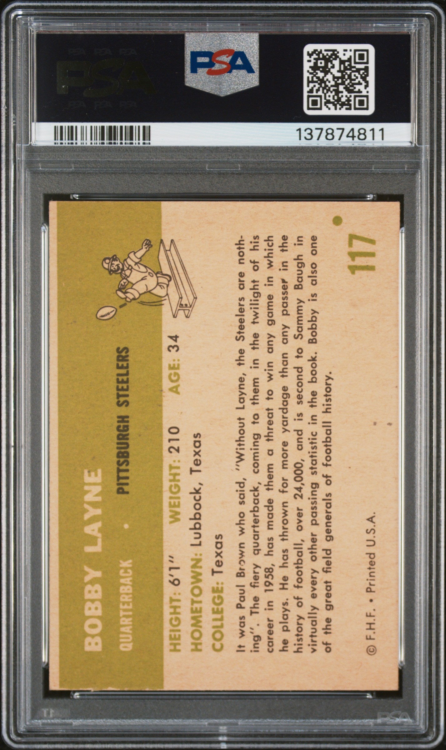 1961 Fleer #117 Bobby Layne PSA 7 SN 137874811