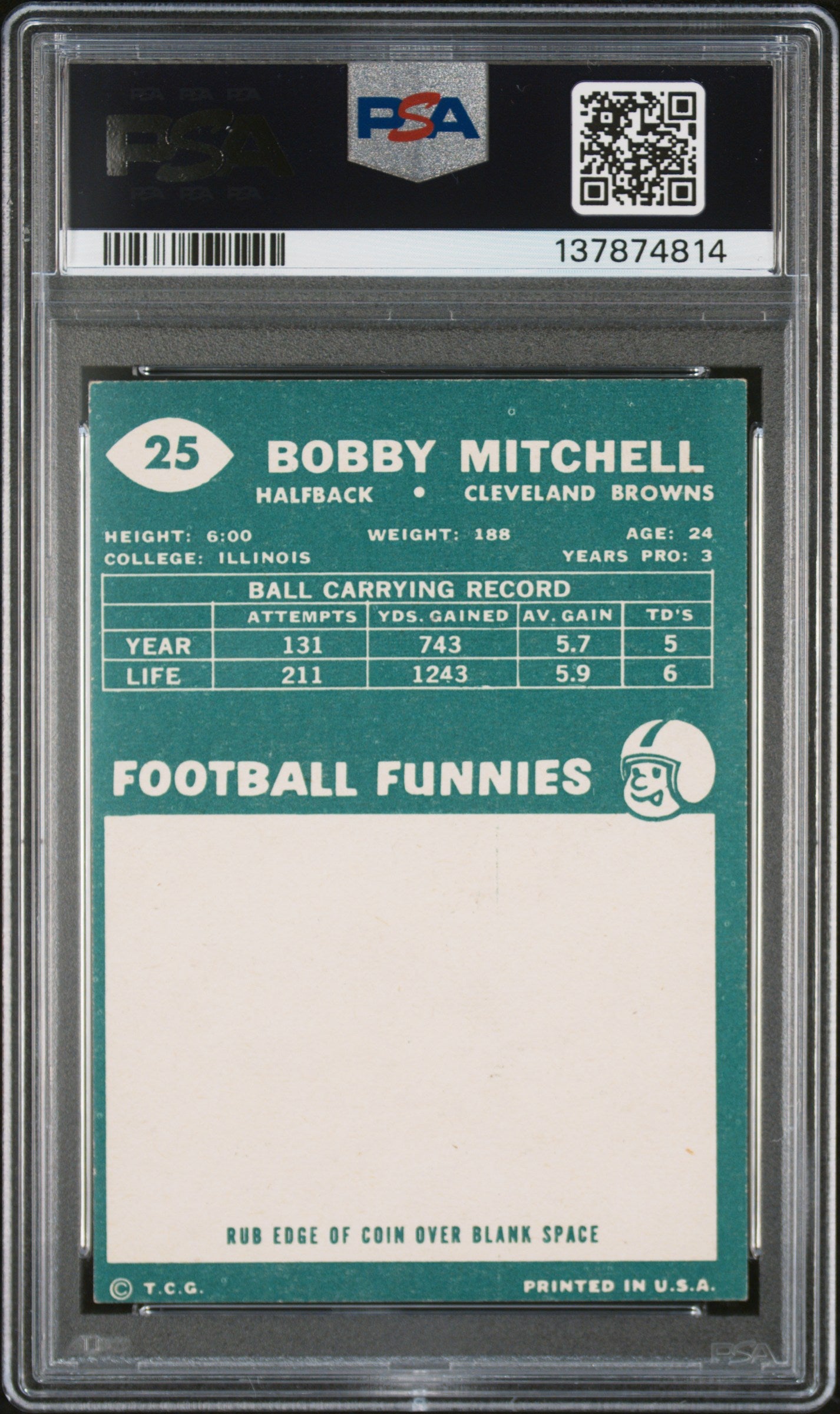 1960 Topps #25 Bobby Mitchell PSA 6 SN 137874814