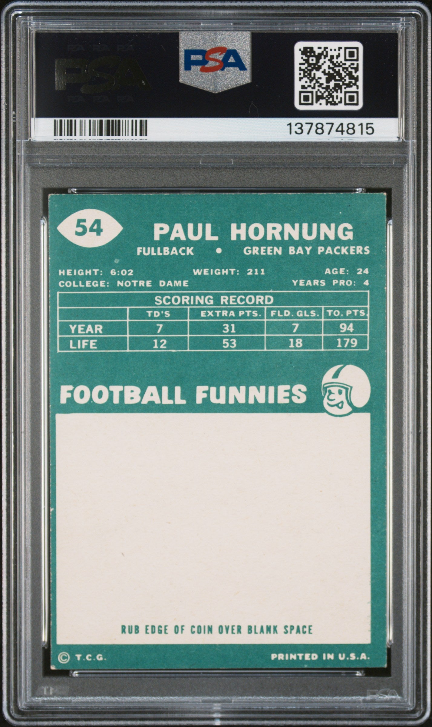 1960 Topps #54 Paul Hornung PSA 6 SN 137874815