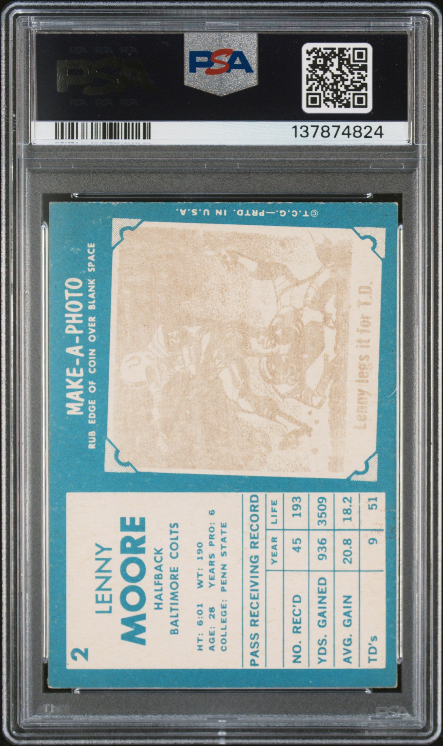 1961 Topps #2 Lenny Moore PSA 4 SN 137874824