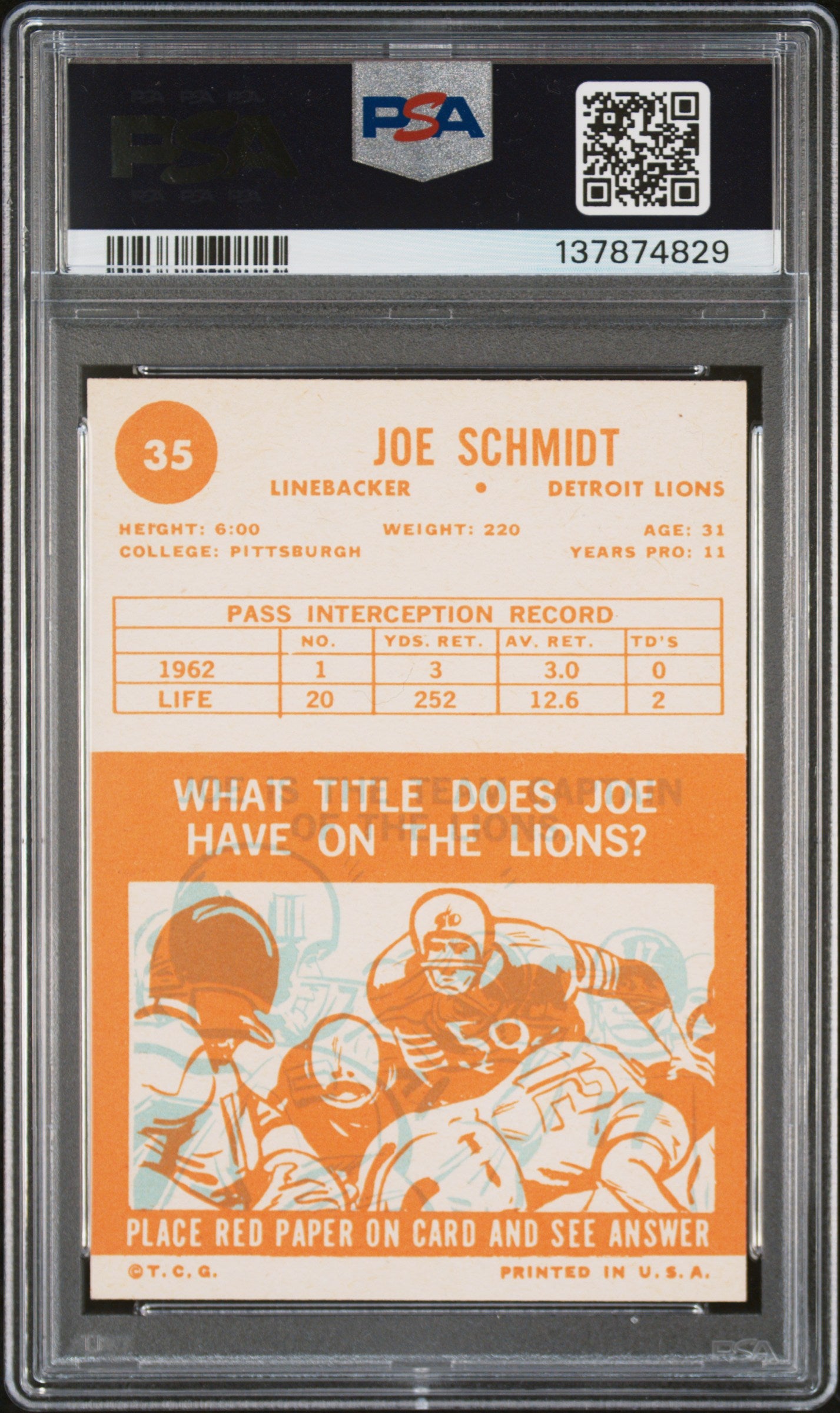 1963 Topps #35 Joe Schmidt PSA 6 SN 137874829