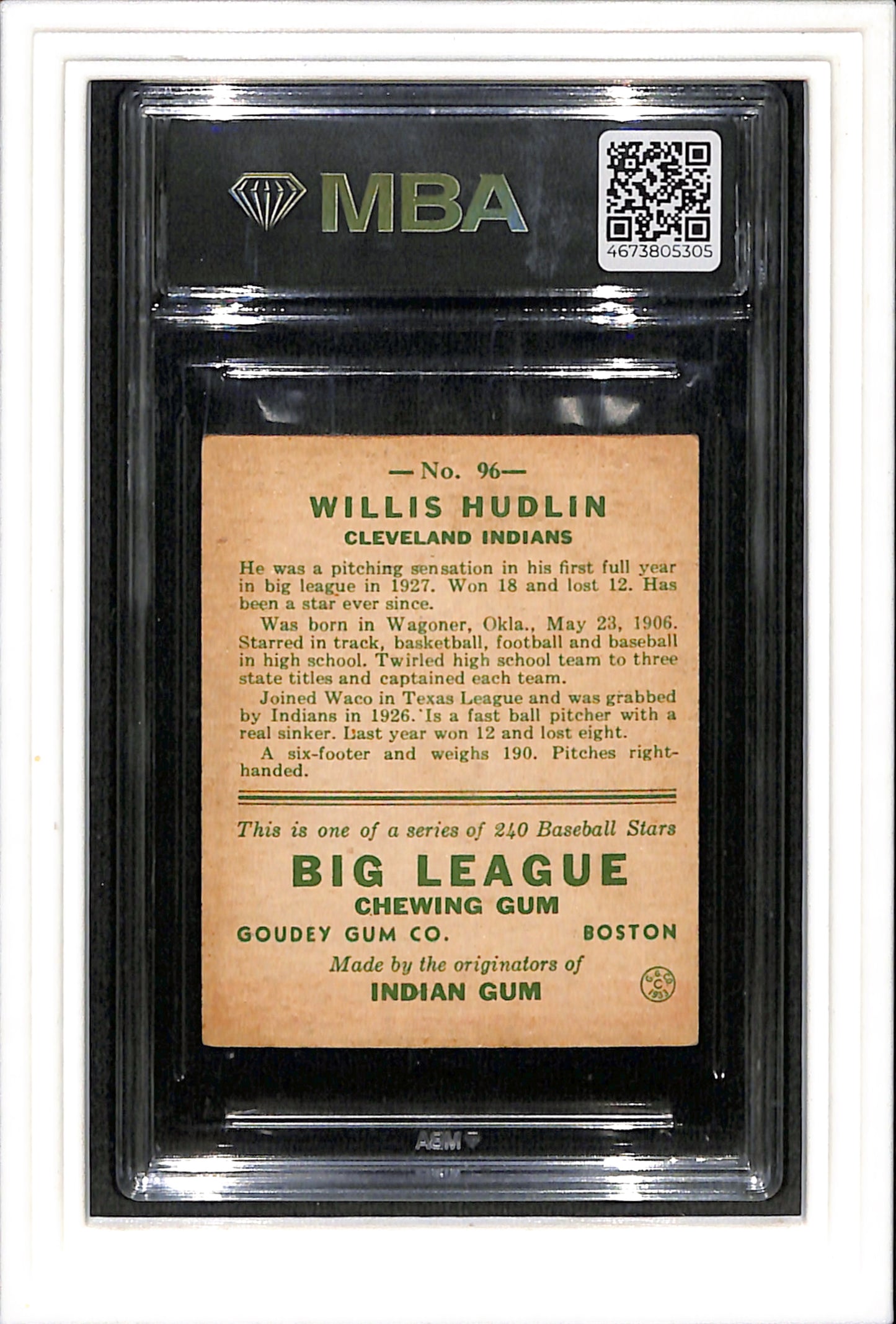 1933 Goudey (R319) #96 Willis Hudlin MBA 4 SN 4673805305