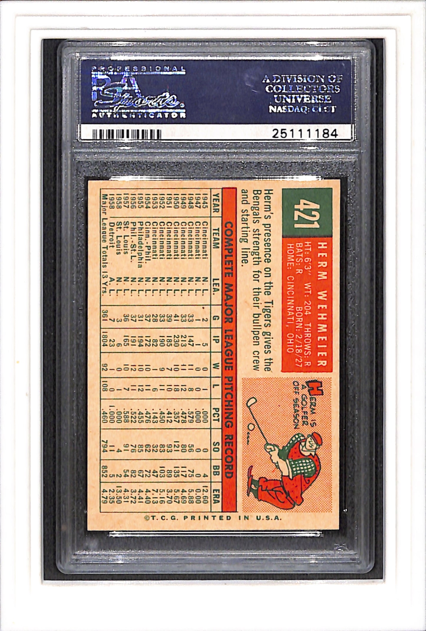 1959 Topps #421 Herm Wehmeier PSA 7 SN 25111184