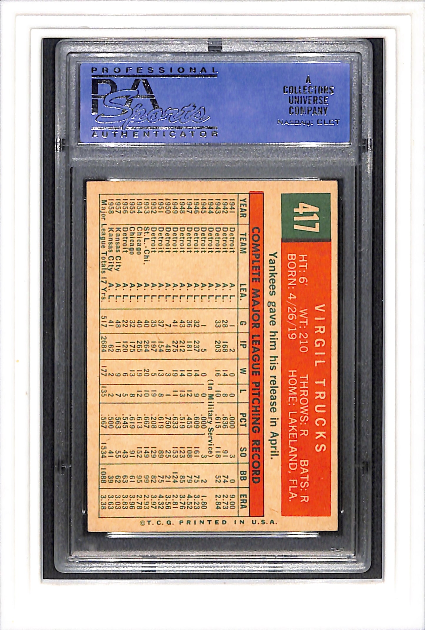 1959 Topps #417 Virgil Trucks PSA 7 SN 11269902