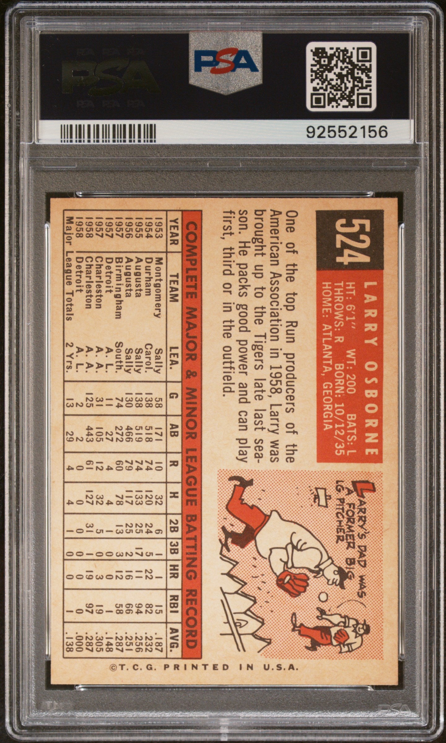 1959 Topps #524 Larry Osborne PSA 7 SN 92552156