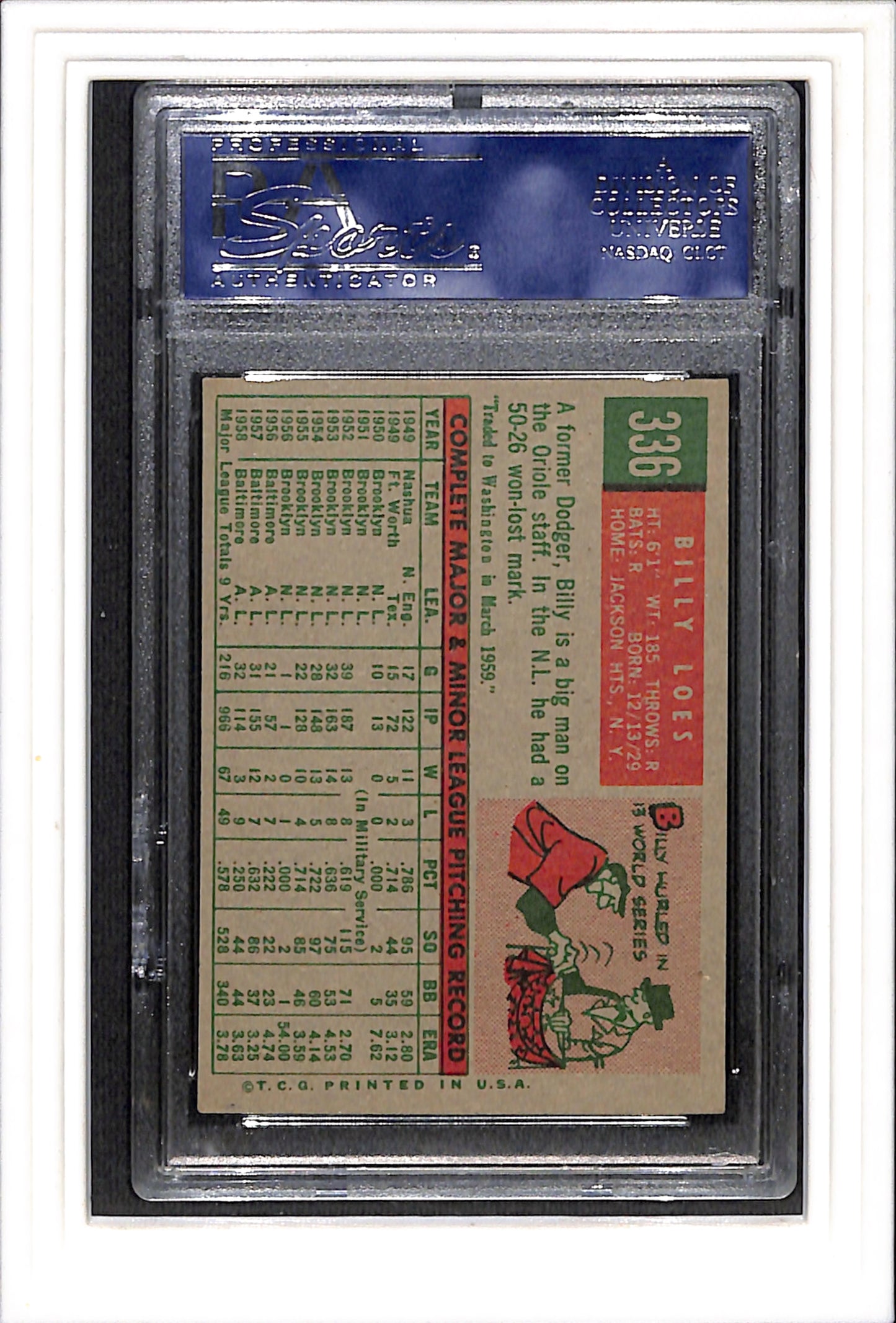 1959 Topps #336b Billy Loes PSA 7 SN 18899650