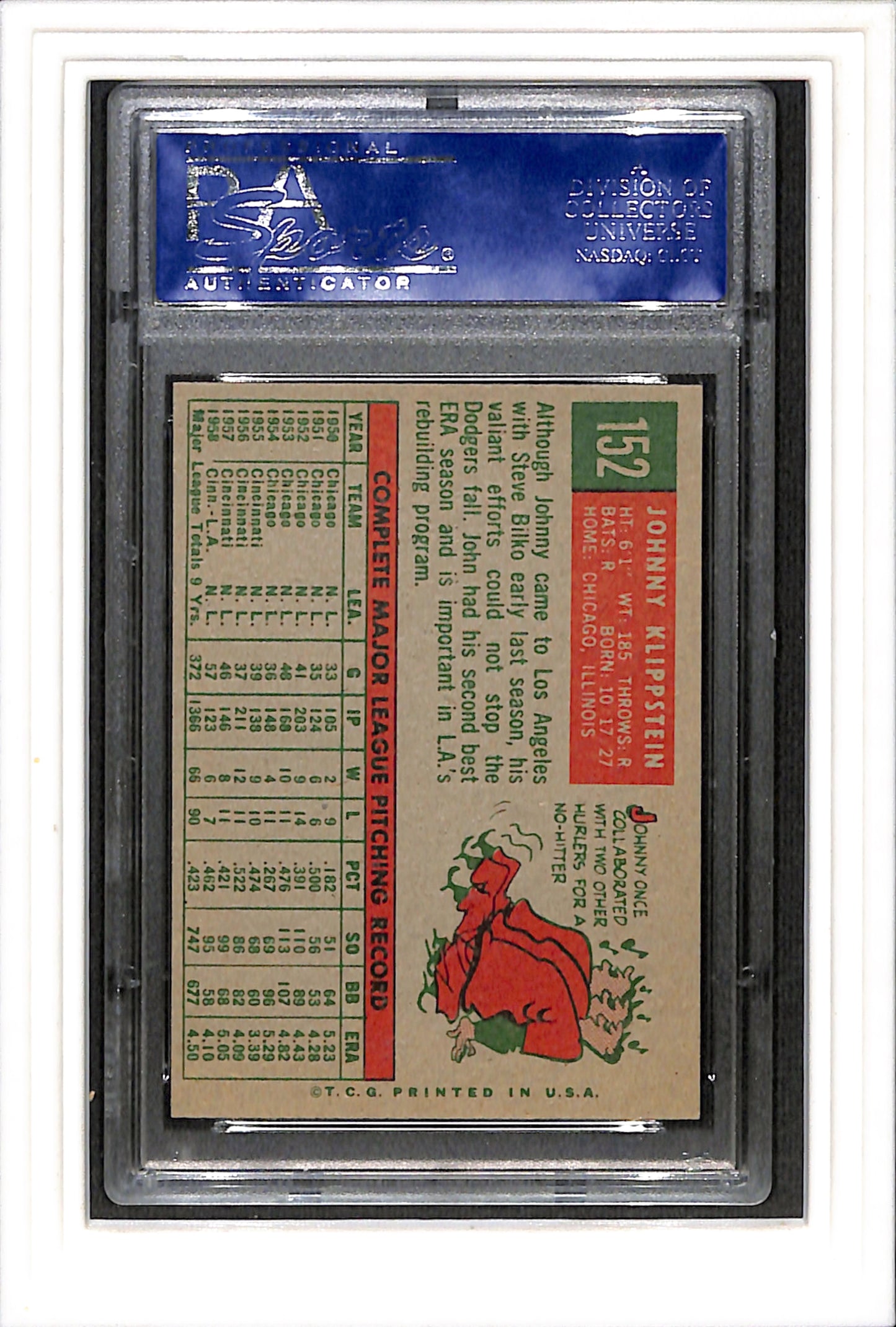 1959 Topps #152 Johnny Klippstein PSA 8 SN 06607181