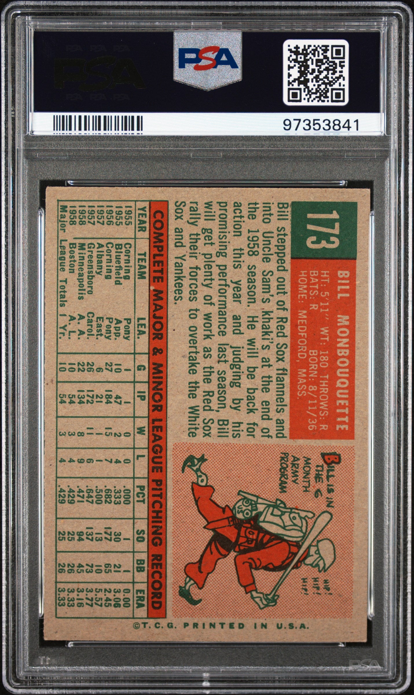 1959 Topps #173 Bill Monbouquette PSA 6 SN 97353841