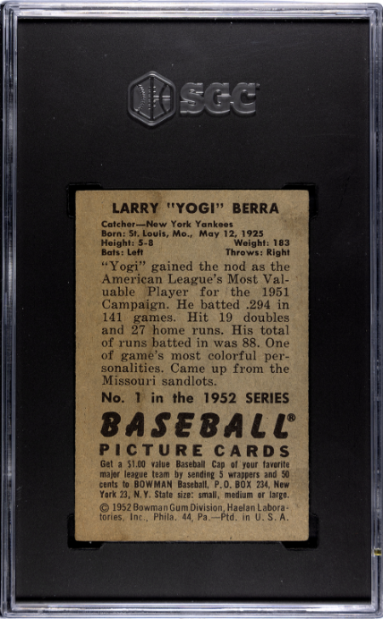 1952 Bowman #1 Yogi Berra SGC 3 SN 1653629
