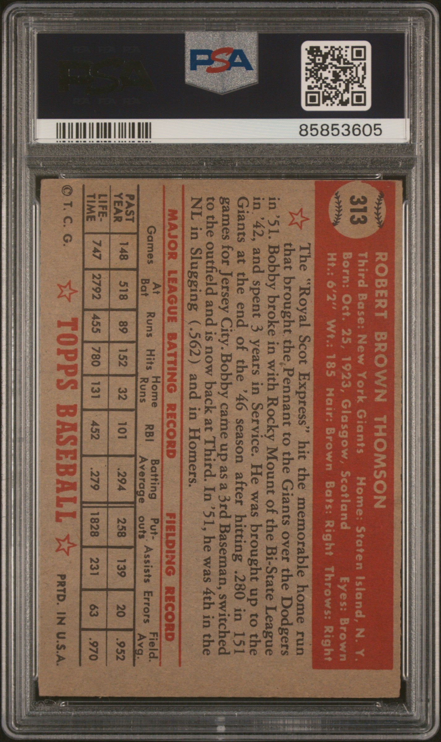 1952 Topps #313 Bobby Thomson PSA 4 SN 85853605