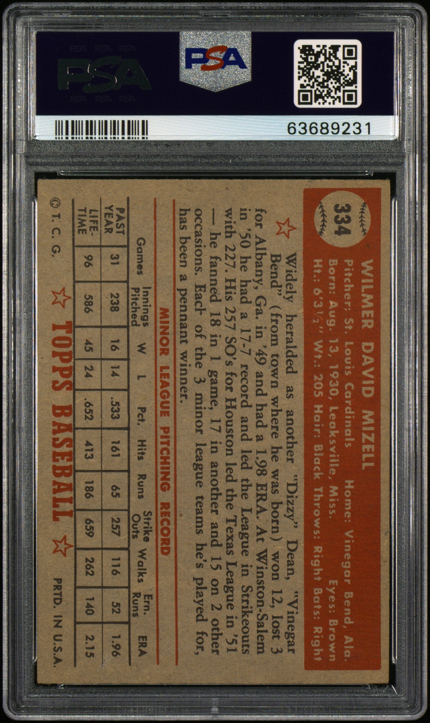 1952 Topps #334 Wilmer Mizell PSA 2.5 SN 63689231