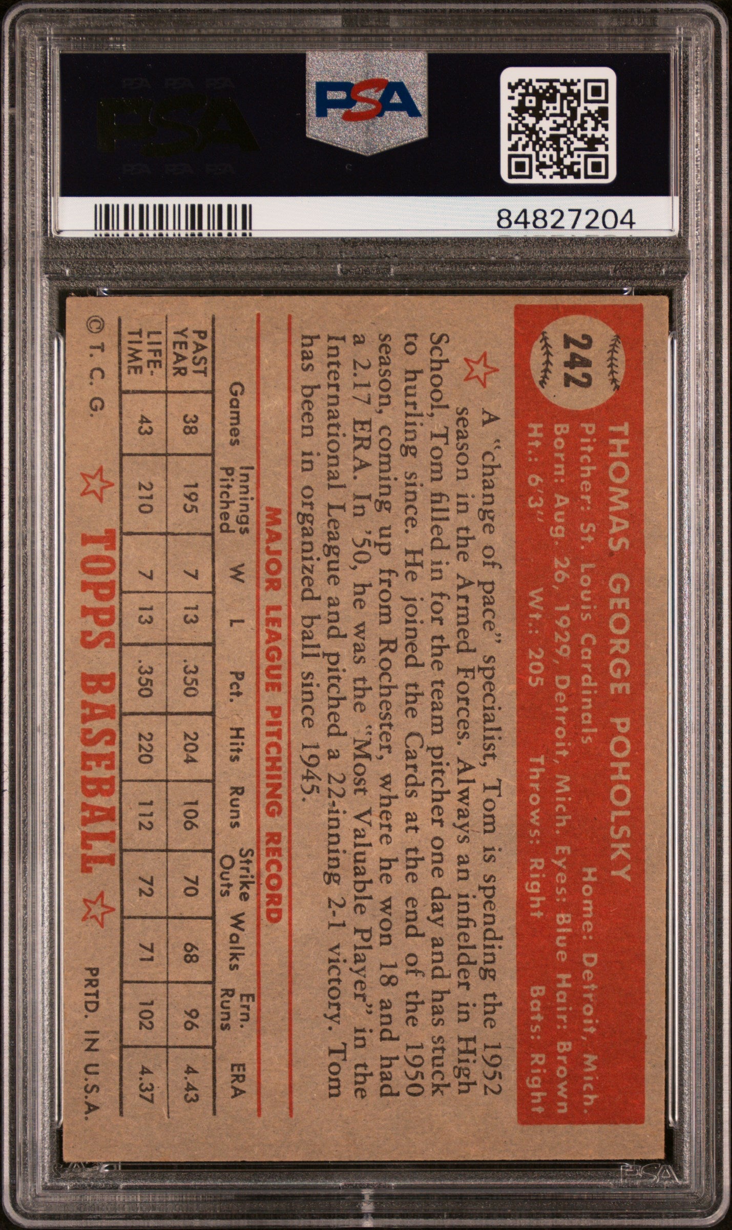 1952 Topps #242 Tom Poholsky PSA 4 SN 84827204
