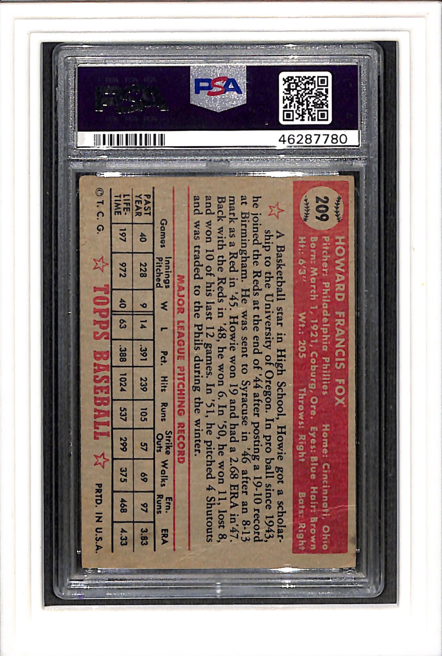 1952 Topps #209 Howie Fox PSA 2 SN 46287780