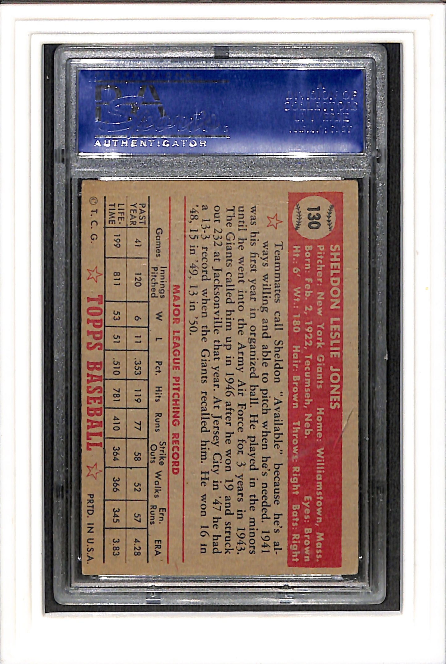 1952 Topps #130 Sheldon Jones PSA 4 SN 10089218