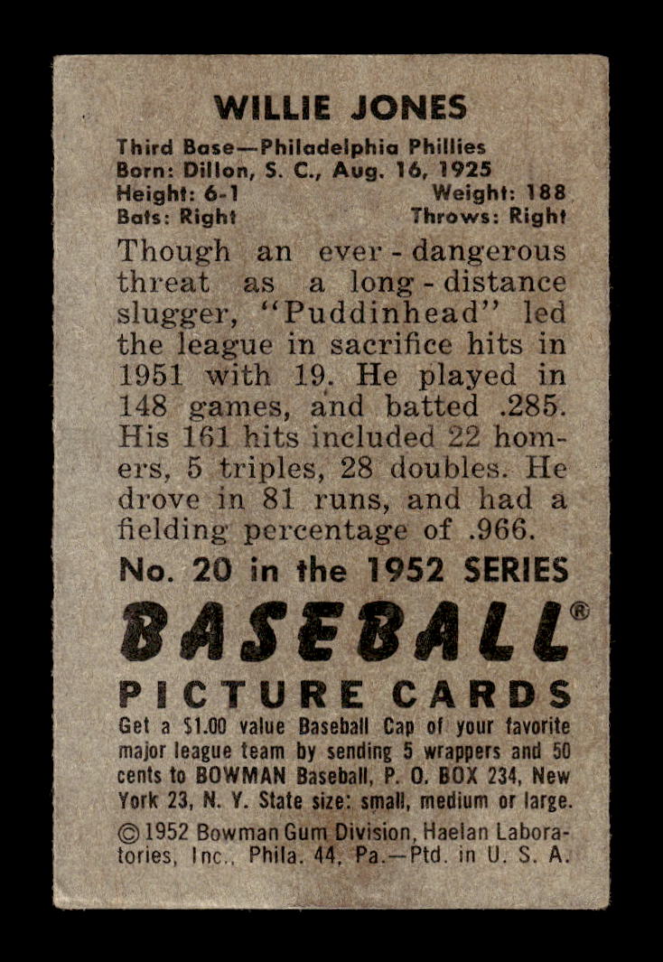 1952 Bowman #20 Willie Jones Philadelphia Phillies G/VG 10012254
