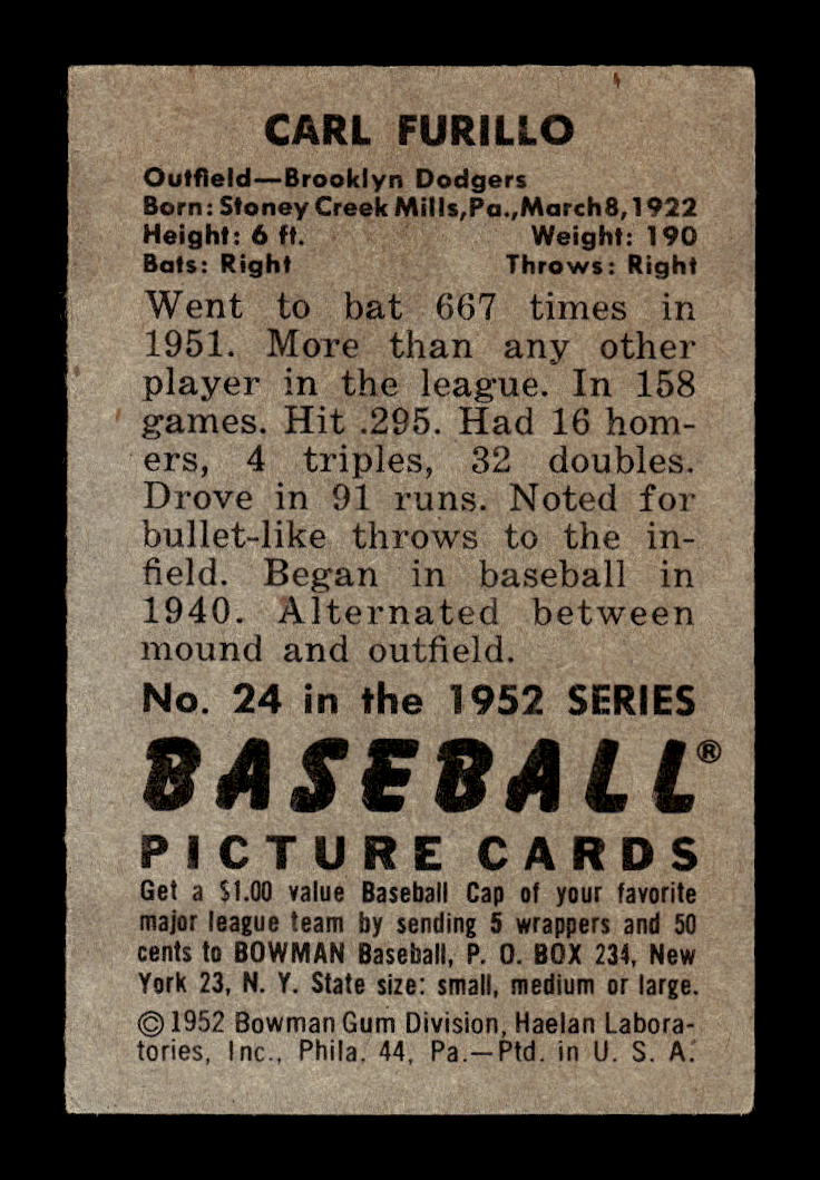 1952 Bowman #24 Carl Furillo Brooklyn Dodgers G/VG 10012255