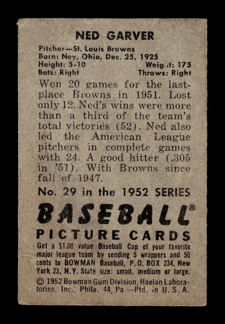 1952 Bowman #29 Ned Garver St. Louis Browns G/VG 10012258