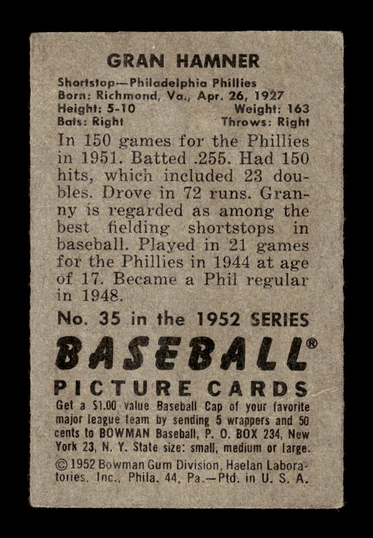 1952 Bowman #35 Granny Hamner Philadelphia Phillies G/VG 10012262