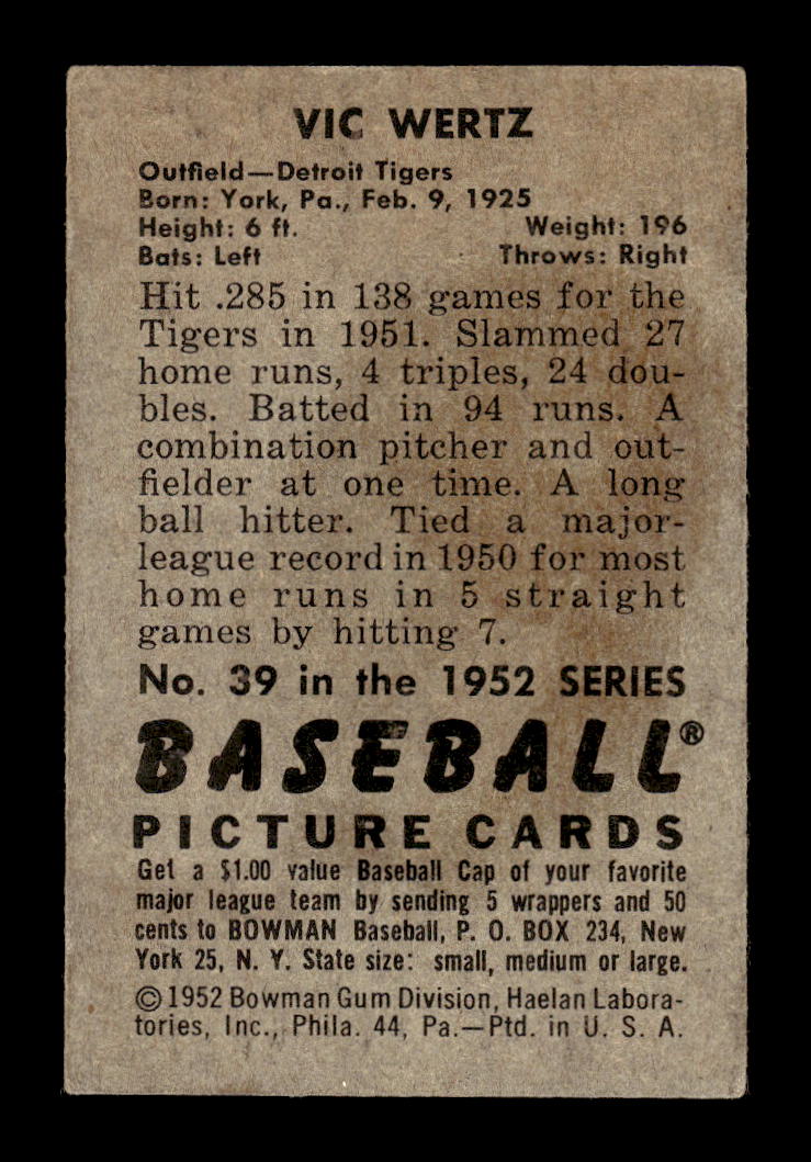1952 Bowman #39 Vic Wertz Detroit Tigers G/VG 10012263