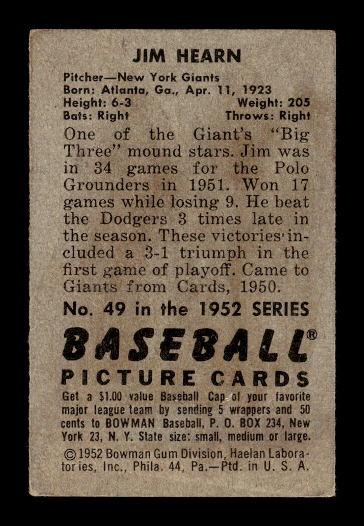 1952 Bowman #49 Jim Hearn New York Giants G/VG 10012264
