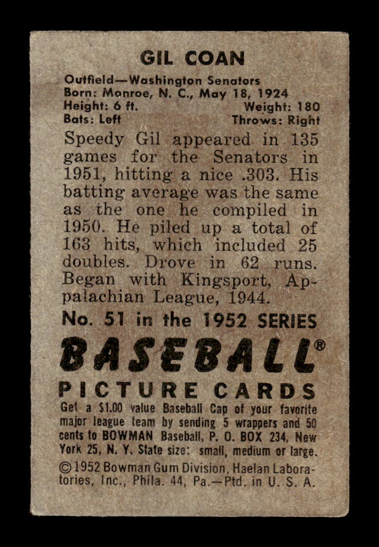 1952 Bowman #51 Gil Coan Washington Senators G/VG 10012266