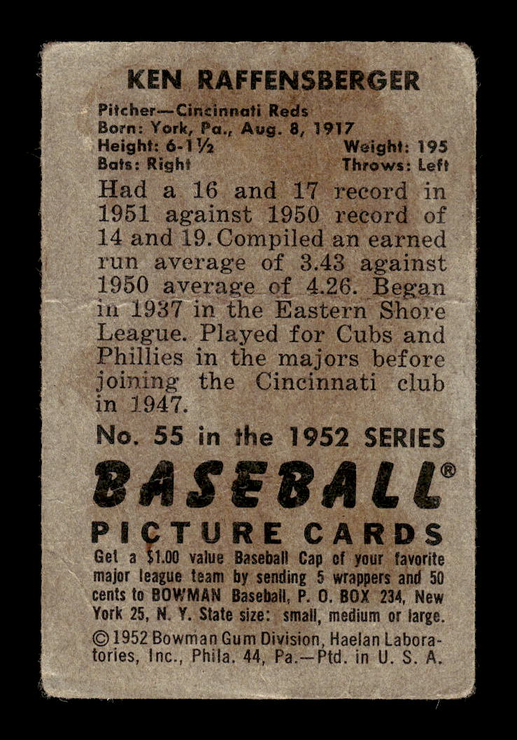 1952 Bowman #55 Ken Raffensberger Cincinnati Reds G/VG 10012267