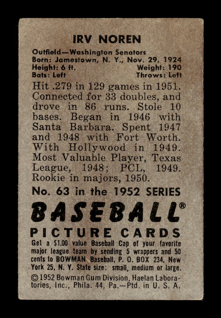 1952 Bowman #63 Irv Noren Washington Senators G/VG 10012271