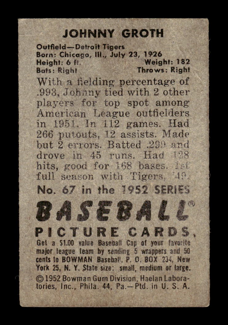 1952 Bowman #67 Johnny Groth Detroit Tigers G/VG 10012273