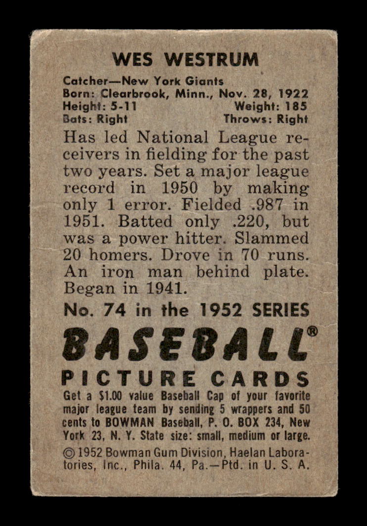 1952 Bowman #74 Wes Westrum New York Giants G/VG 10012275