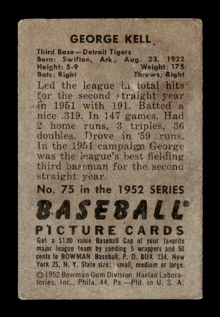 1952 Bowman #75 George Kell Detroit Tigers G/VG 10012276