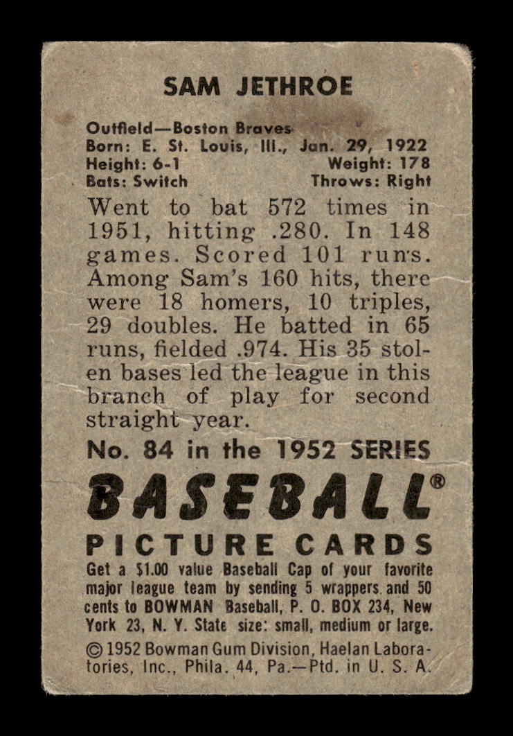 1952 Bowman #84 Sam Jethroe Boston Braves G/VG 10012282