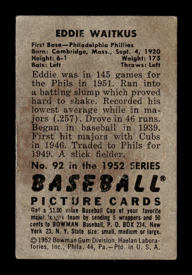 1952 Bowman #92 Eddie Waitkus Philadelphia Phillies G/VG 10012285