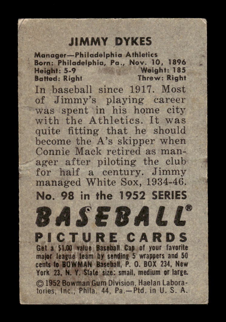 1952 Bowman #98 Jimmie Dykes Philadelphia Athletics G/VG 10012287