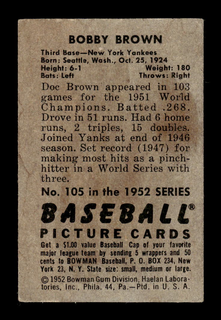 1952 Bowman #105 Bobby Brown New York Yankees G/VG 10012288