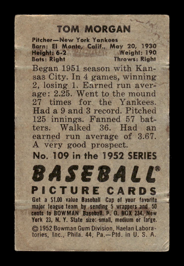 1952 Bowman #109 Tom Morgan New York Yankees G/VG 10012289