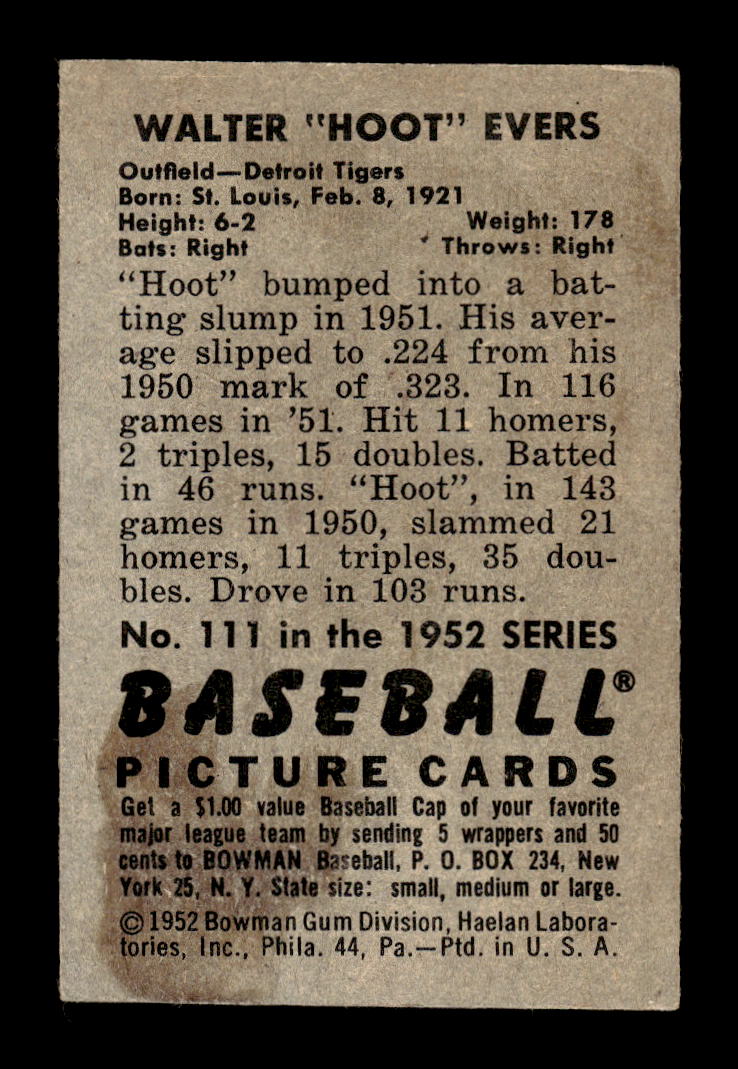 1952 Bowman #111 Walter Evers Detroit Tigers G/VG 10012290