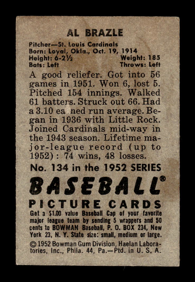 1952 Bowman #134 Al Brazle St. Louis Cardinals G/VG 10012293