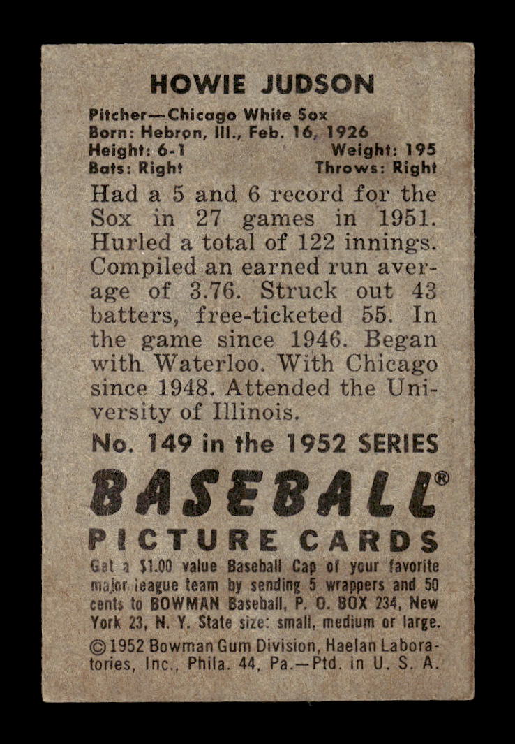 1952 Bowman #149 Howie Judson Chicago White Sox G/VG 10012295