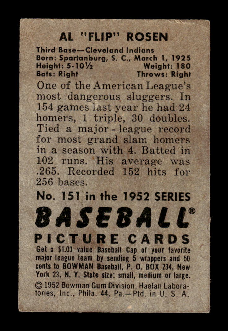 1952 Bowman #151 Al "Flip" Rosen Cleveland Indians G/VG 10012297