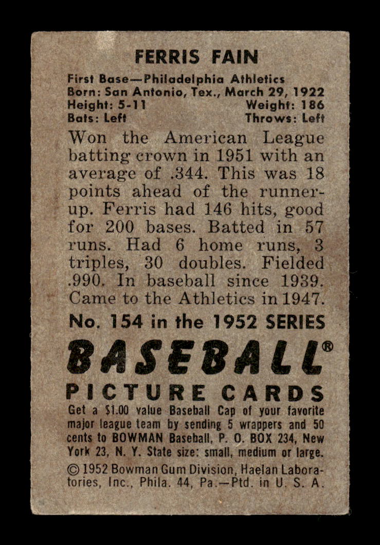 1952 Bowman #154 Ferris Fain Philadelphia Athletics G/VG 10012300
