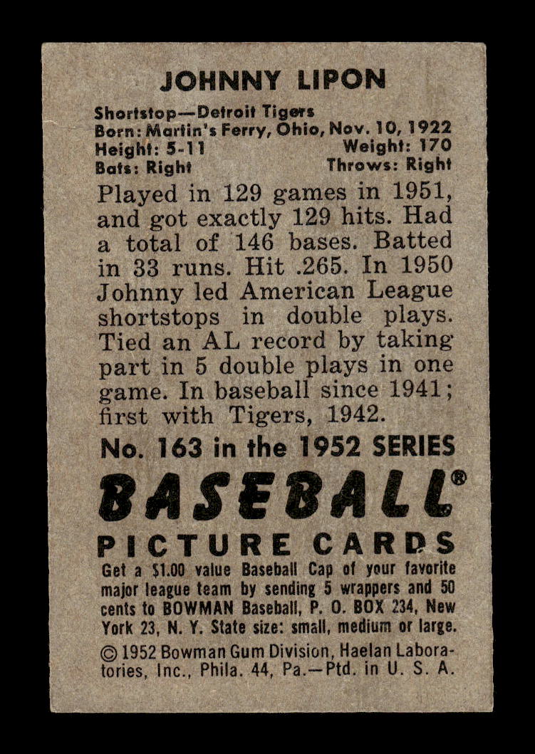 1952 Bowman #163 Johnny Lipon Detroit Tigers G/VG 10012303