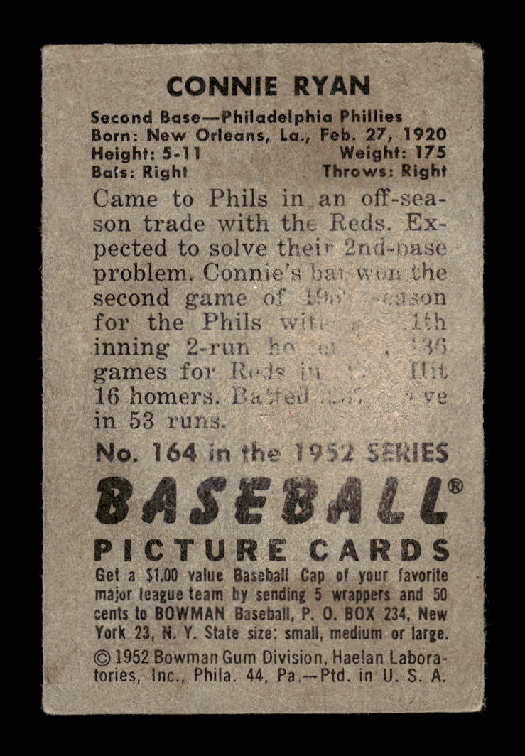 1952 Bowman #164 Connie Ryan Philadelphia Phillies G/VG 10012304