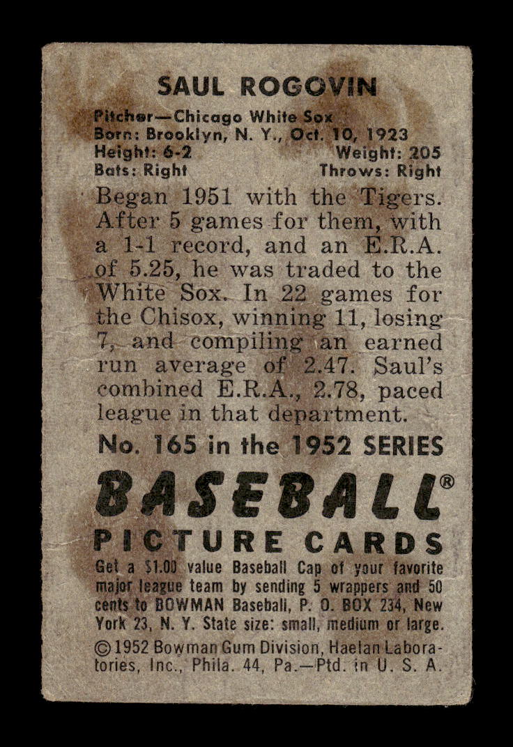 1952 Bowman #165 Saul Rogovin Chicago White Sox G/VG 10012305